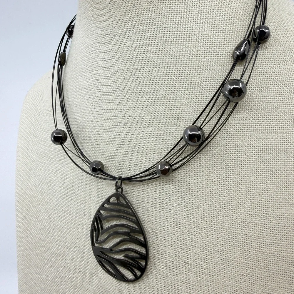 Gunmetal Zebra Teardrop Pendant Multi Strand Wire Necklace Statement Jewelry
